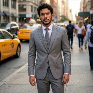 New 2026 Mens 3pc Sharkskin Stone Grey Suit Set, Hybrid Fit (H1)